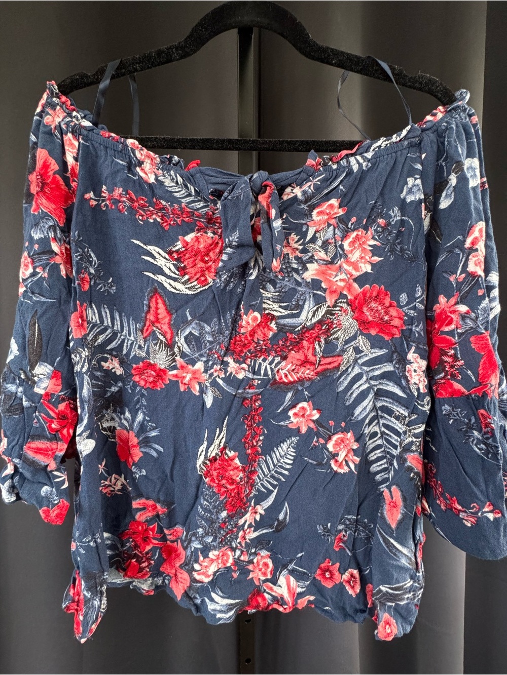 Doe & Rae Navy Off-Shoulder Floral Tie-Front Blouse